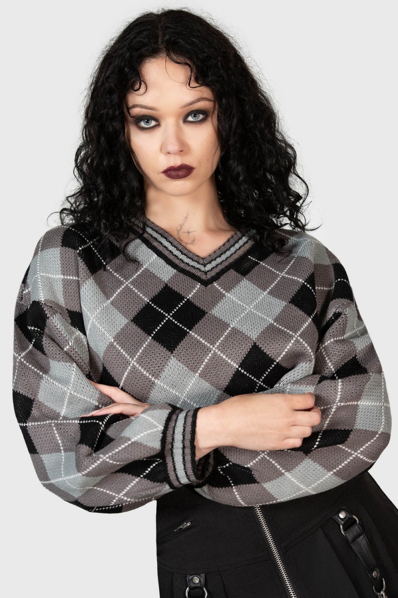 Killstar Nasiv Argyle Knit Top Šedé | OQYSGZ-213