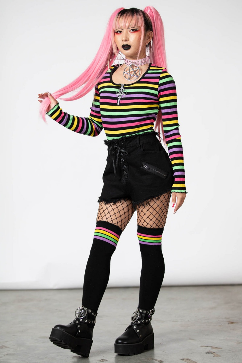 Killstar Nikiko Žebrovaný Long-Sleeve Top Rainbow | QTGXVS-812