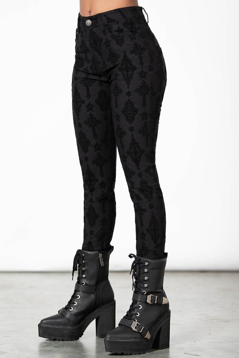 Killstar Nora Flocked Trousers Černé | IWKQNS-316