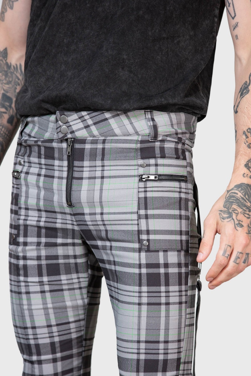 Killstar Office Riot Páskové Trousers [GREY TARTAN] Šedé | HWUDSE-496