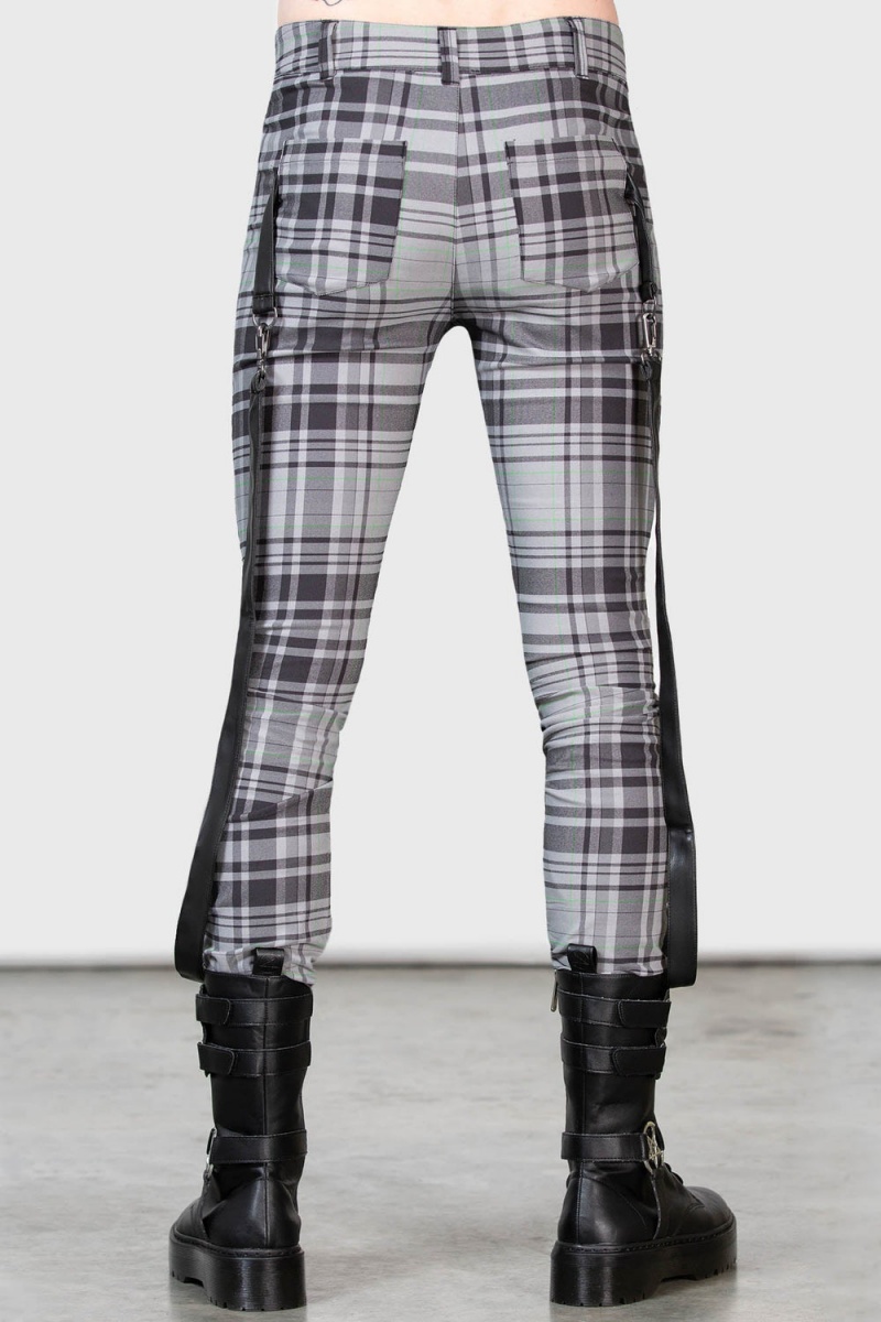 Killstar Office Riot Páskové Trousers [GREY TARTAN] Šedé | RXWJLH-195