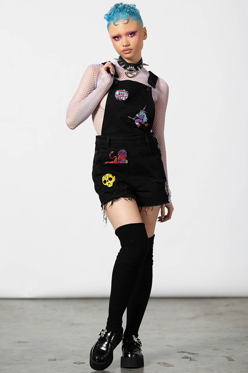 Killstar Oracle Denim Overalls Černé | OIWDUV-681