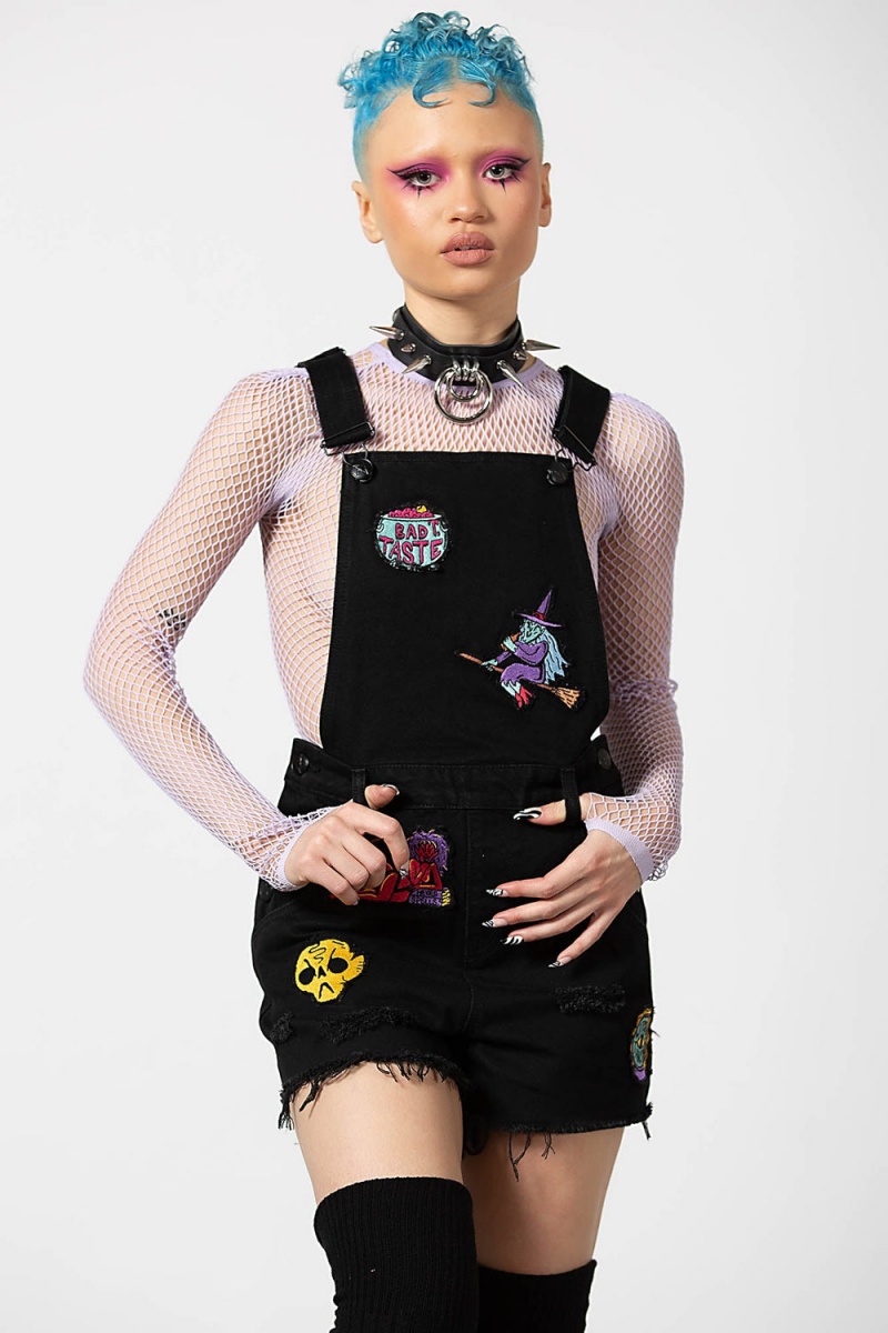 Killstar Oracle Denim Overalls Černé | OIWDUV-681