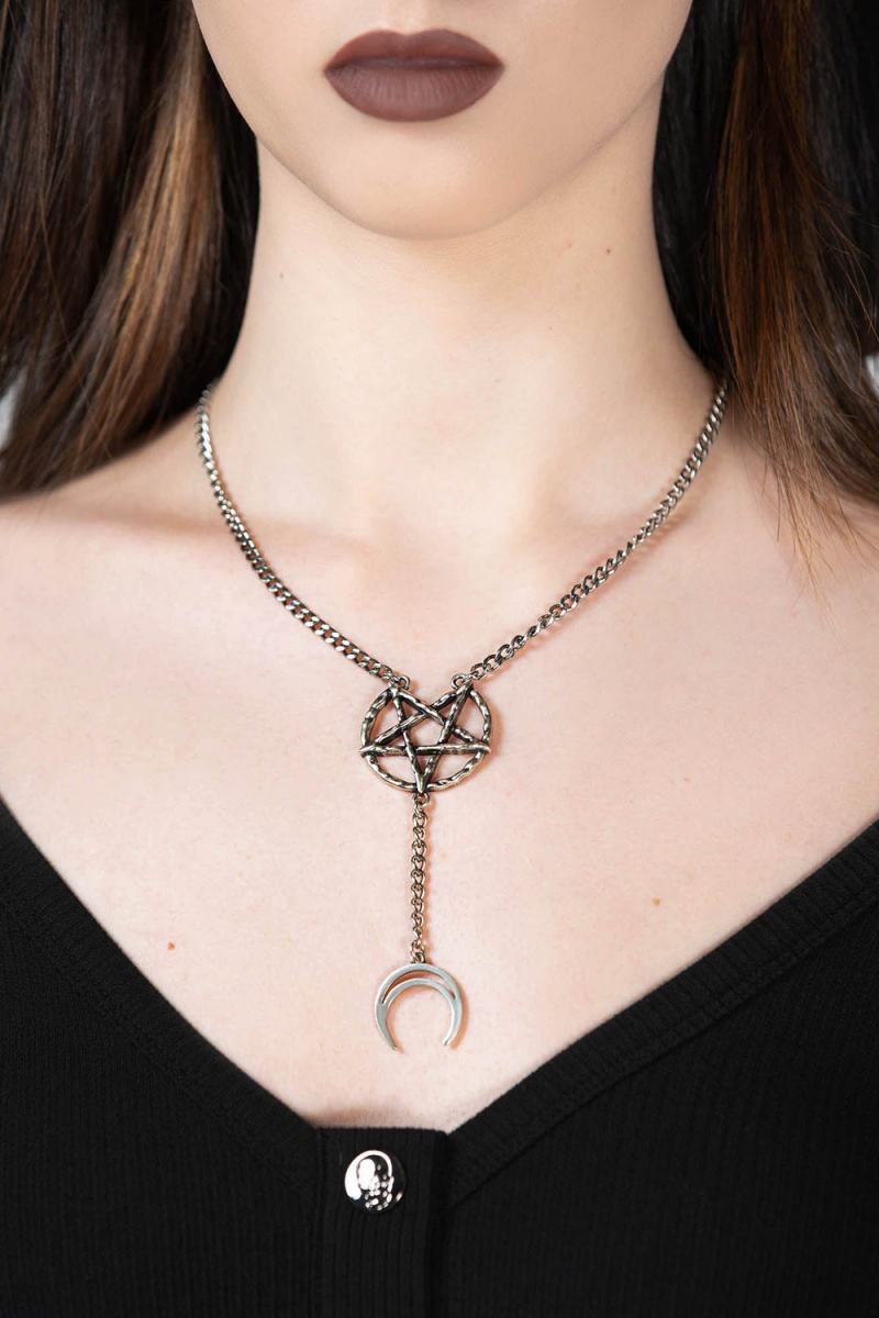 Killstar Pentagram Moon Drop Choker Stříbrné | GBPMYD-290
