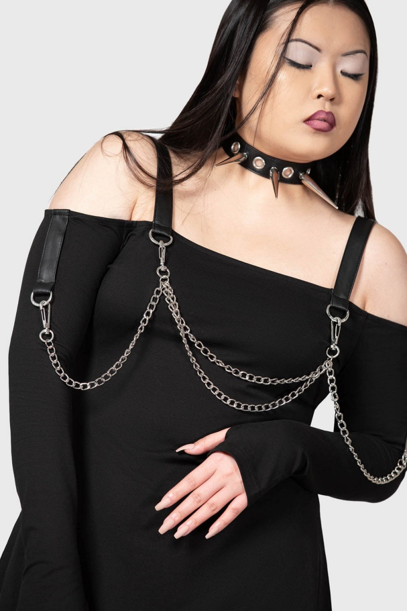 Killstar Pleasure & Chain Šaty Černé | TMUBXK-602