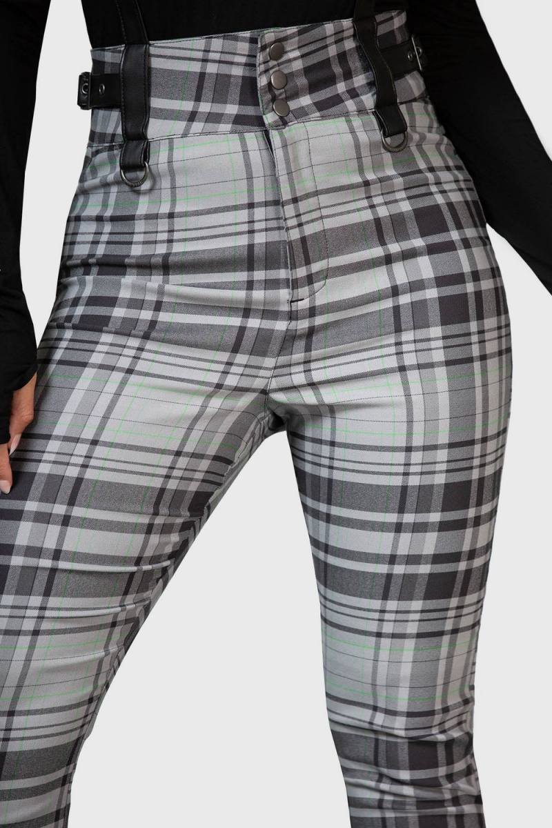 Killstar Prophet Of Doom Suspender Trousers [GREY TARTAN] Šedé | HFJXBN-831