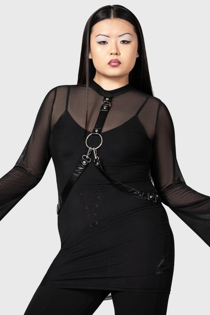 Killstar Sheer Bondage Long Sleeve Šaty Černé | GOMTBN-327