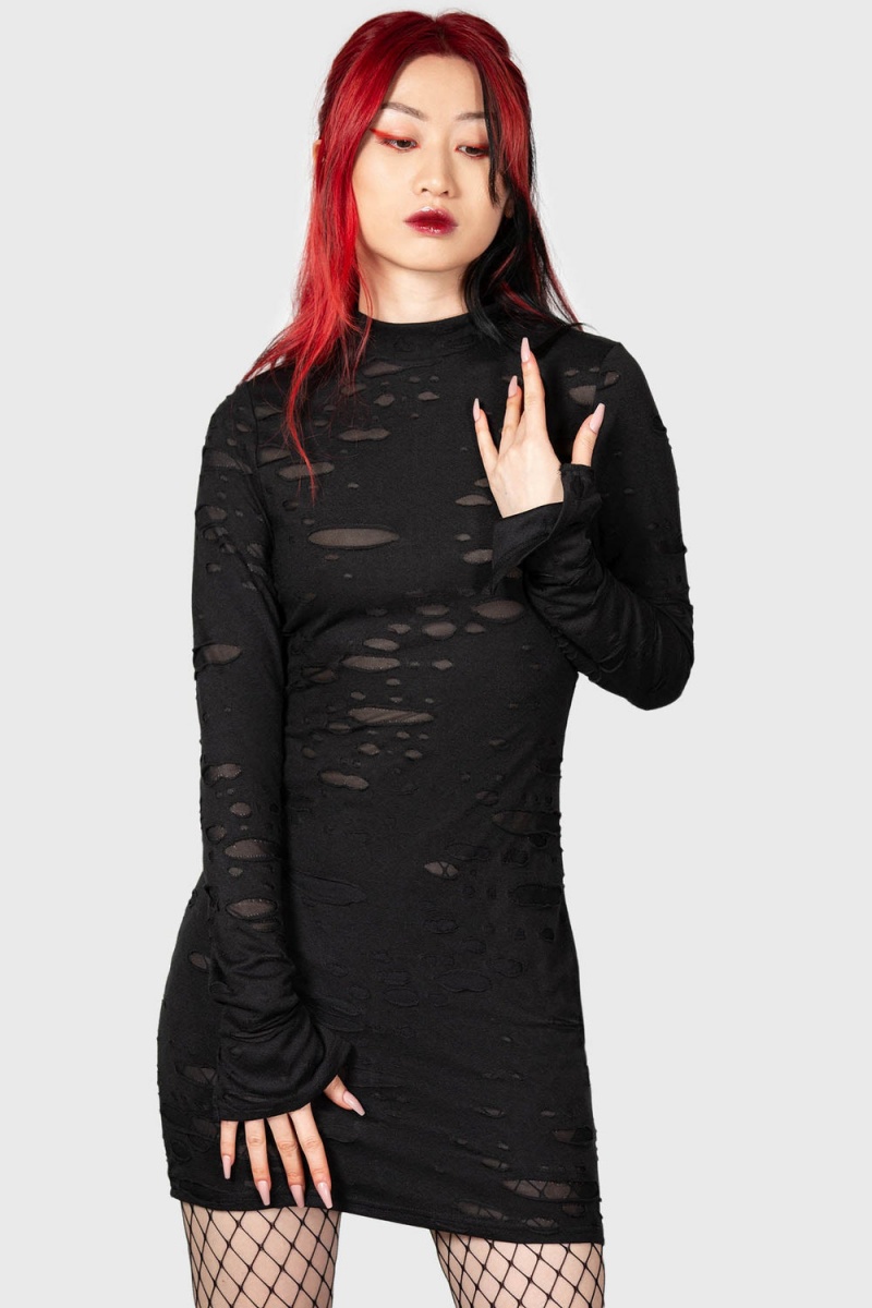 Killstar Sinners Glimmer Long Sleeve Šaty Černé | JMXRZO-631