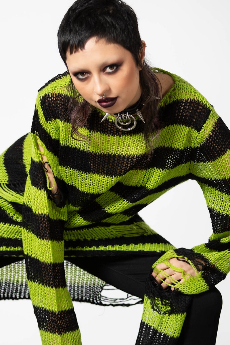 Killstar Slimer Distress Knit Svetrové Zelene | BKPMLS-387