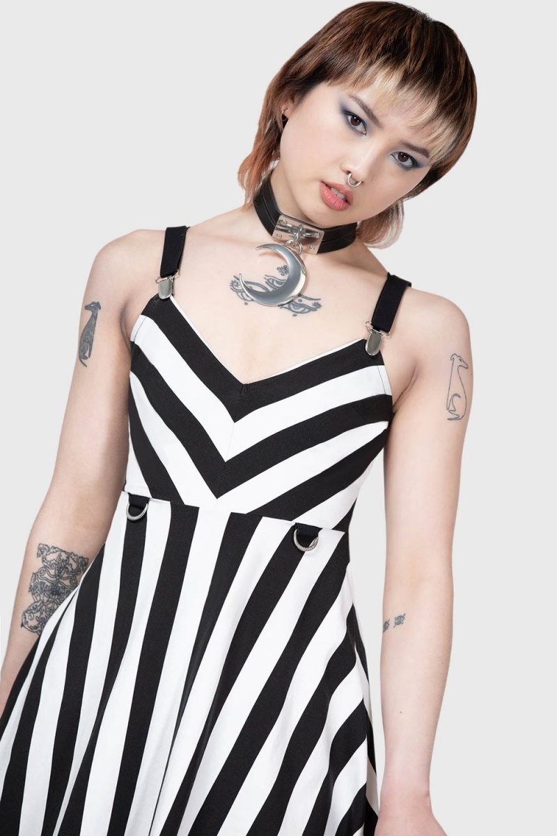 Killstar Stripe O Negative Šaty Černé Bílé | ZEGUDK-027