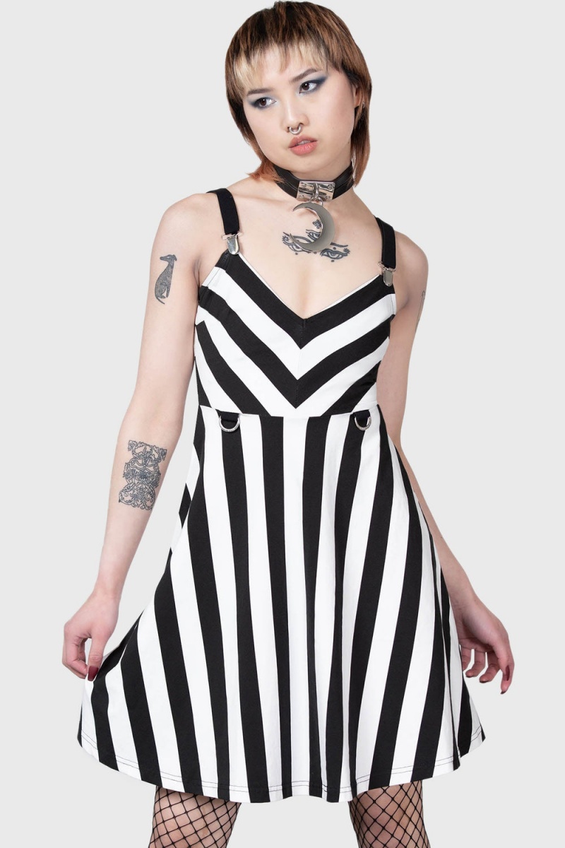Killstar Stripe O Negative Šaty Černé Bílé | ZEGUDK-027
