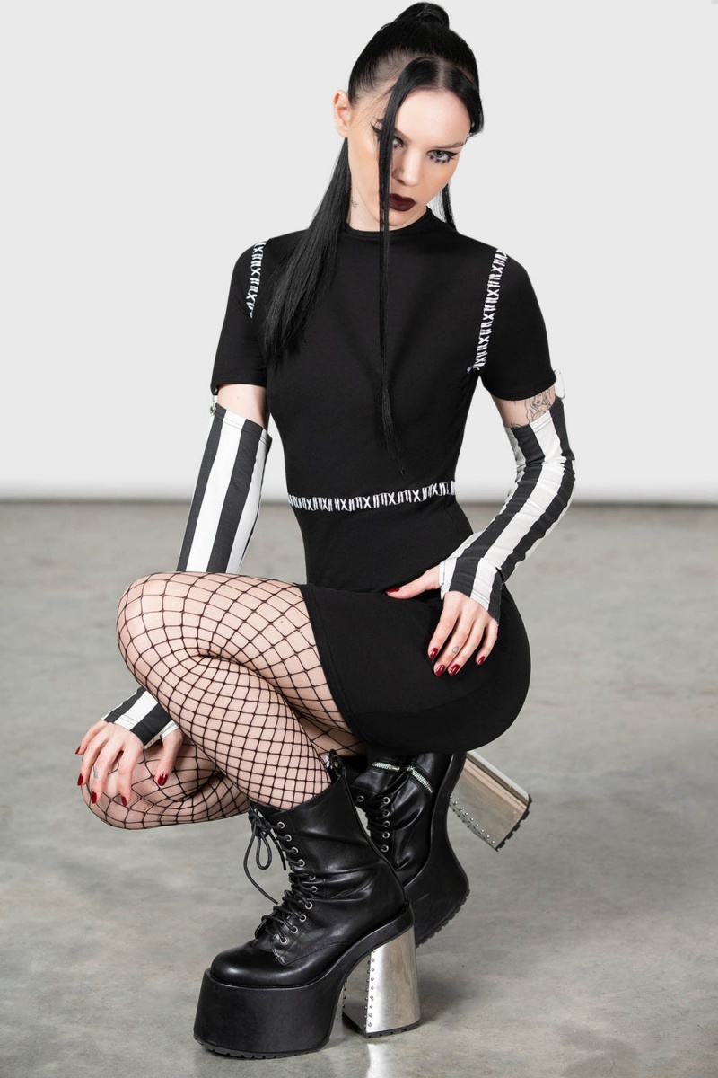 Killstar Stripes & Stitches Šaty Černé | HCZGMD-753