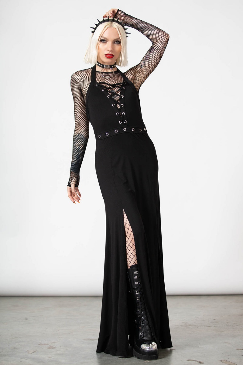 Killstar Tristania Maxi Halter Šaty Černé | VIULFC-869