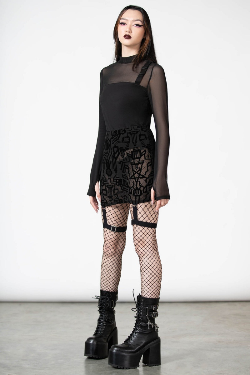 Killstar Warez Mesh Suspender Skirt Černé | BWEILM-804