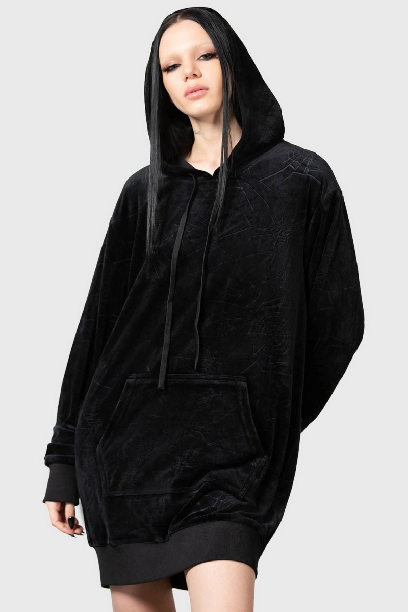 Killstar Webmare Longline Hoodie Černé | EKROWG-978