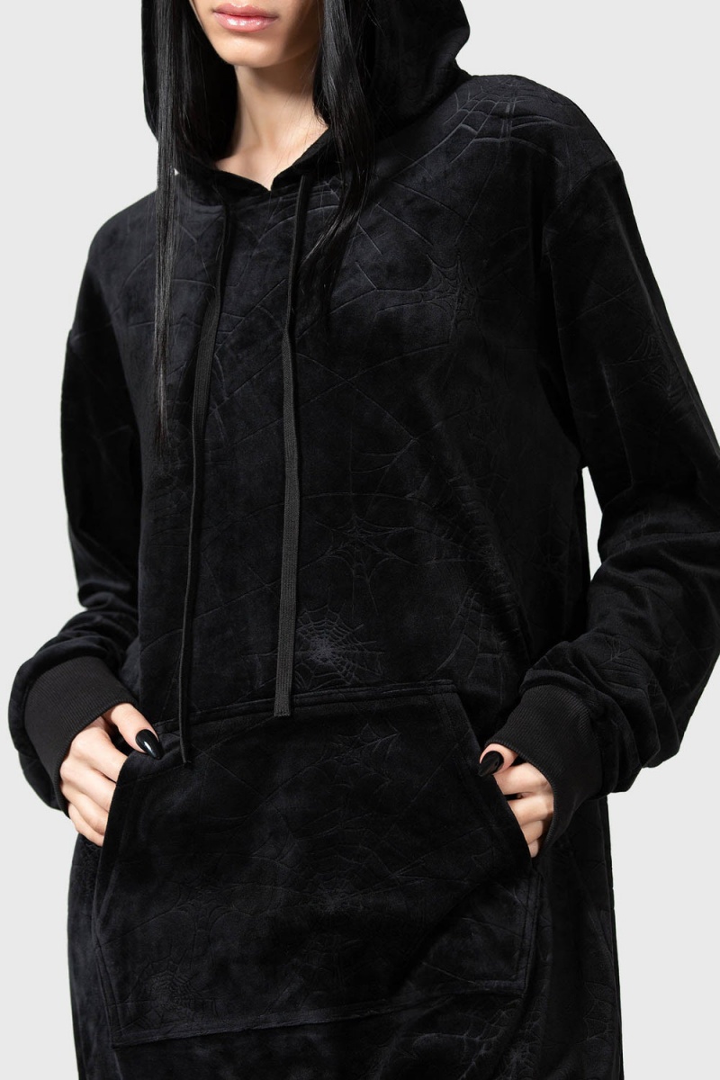 Killstar Webmare Longline Hoodie Černé | EKROWG-978